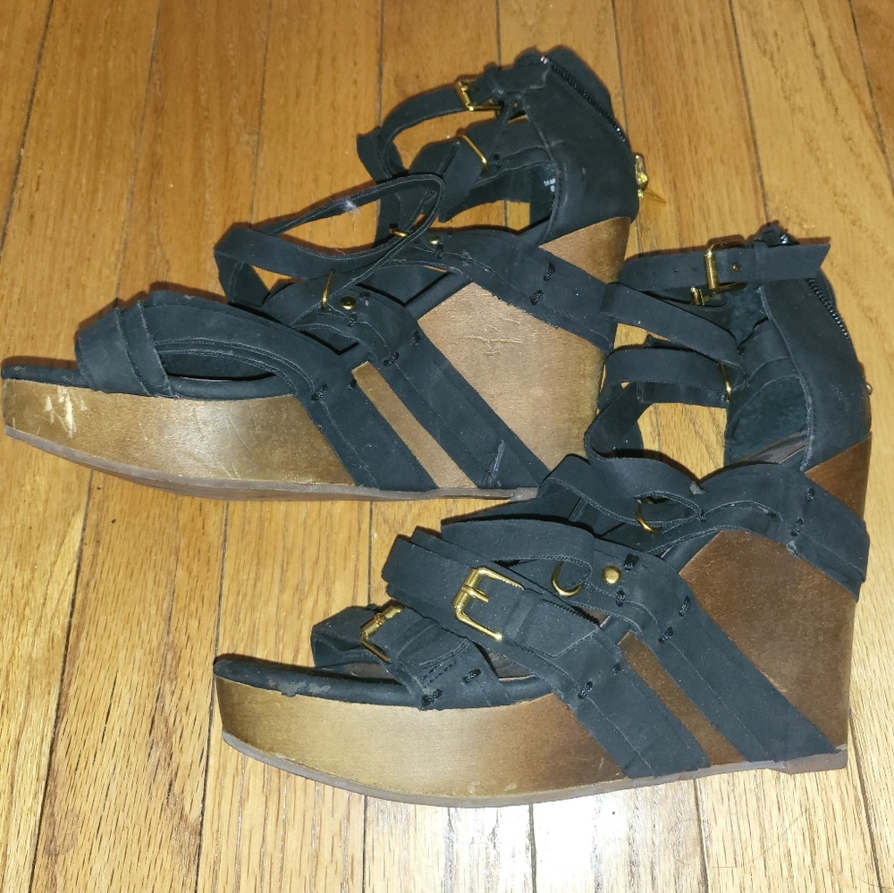 Matt Bernson 'Marion' Black Strappy Vegan Leather Platform Wedges  - Size 8